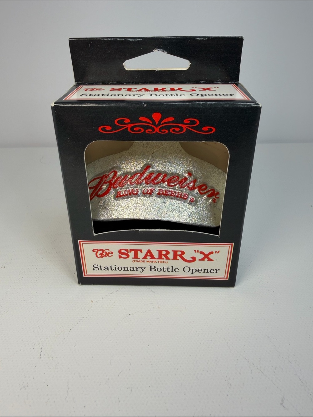 Budweiser Black Box Stationary Bottle Opener with Red Logo